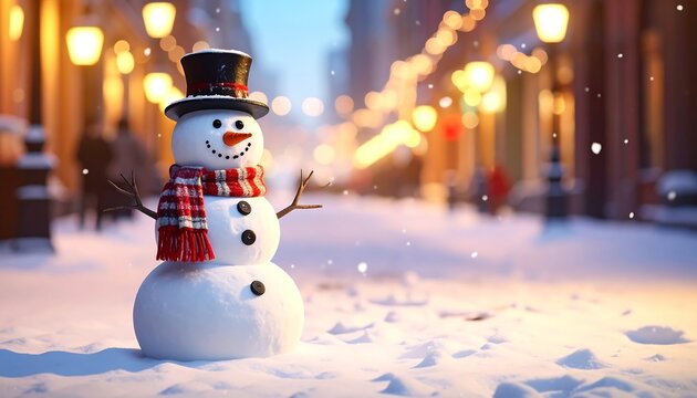 Adorable snowman in a snowy street with blurred festive lights - Powered by Adobe