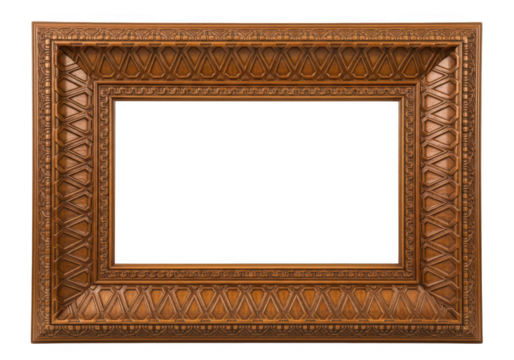 Ornate antique wooden picture frame with carved detail, isolated on transparent background