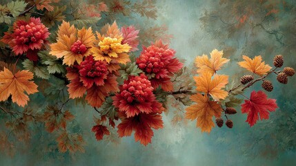 The splendor of fall: maple leaves in warm hues of red and gold. Upscale style. A display of vibrant maple leaves in red, orange, and yellow on transparency. Luxury portrait.