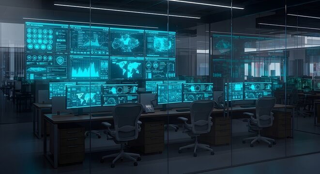Futuristic control room with glowing screens displaying data and information