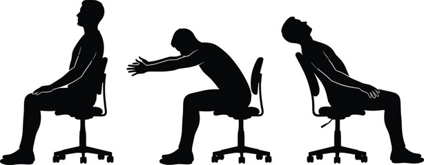 Office chair sitting posture silhouette set, upright, forward lean, reclined, black on white, ergonomic pose icon ©  BAKKOR
