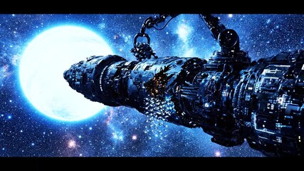 A damaged, metallic spacecraft floats in space near a giant planet against a stellar backdrop