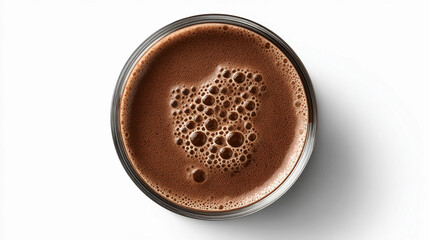 Top view of a glass of frothy chocolate milk isolated on white background