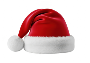 Classic red and white plush santa claus hat with pom pom isolated on transparent background