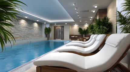 Relaxing Indoor Pool Area with Comfortable Loungers and Lush Green Plants