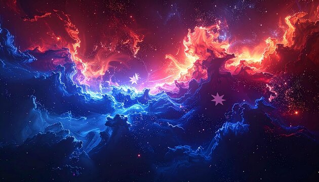 Stunning space background with vivid red and blue cosmic nebulae, stars and dust clouds. Ideal for science, science fiction or background themed projectsd