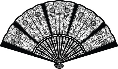 PrintBlack and white ornamental Spanish hand fan vector illustration, intricate scrollwork geometric pattern, vintage decorative accessory, elegant antique lace design element.