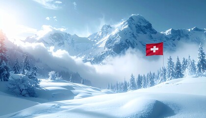 stunning setting in the Swiss Alps, featuring snow-capped mountain peaks and the Swiss flag flying in the foreground. The sky is bright blue with soft white clouds, creating a dam atmospheree