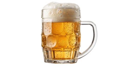 A tall glass mug filled with golden beer and a frothy head, isolated on transparent background