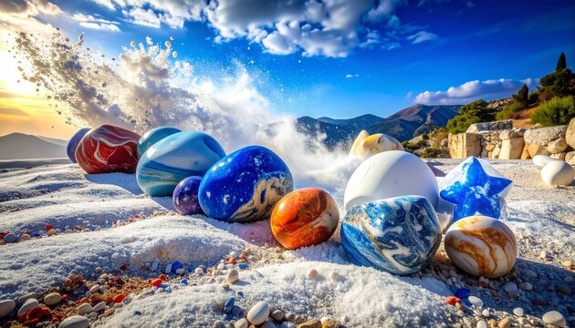 a collection of brightly colored round and star-shaped stones, resembling planets or large marbles, arranged on white sand. Dynamic water splashes in the background add a sense of movement and enw