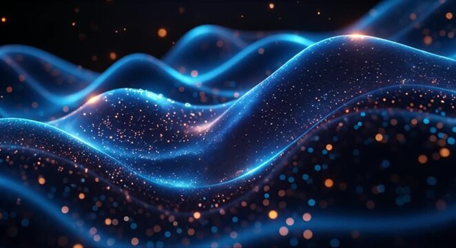 Abstract glowing blue waves with shimmering golden particles evoke a sense of cosmic energy and wonder.