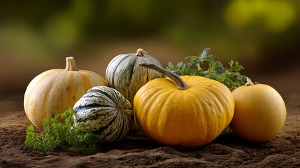 Colorful assortment of pumpkins and gourds on rustic farm setting with greenery