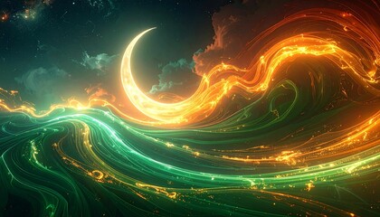 stunning displays of luminous energy waves in shades of emerald green and golden orange, set against a starry night sky with a shining crescent moon. This dynamic composition creates ks