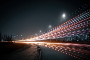 City skyline view at night with glowing very bright data streams representing fast internet or logistic leading to downtown, Power of digital transformation in technology and communication.	