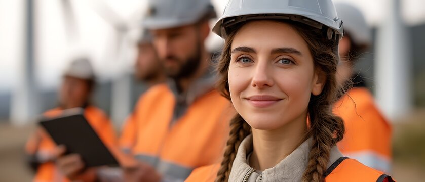 Female Engineer in Safety Gear Smiling at Wind Farm with Colleagues in Background