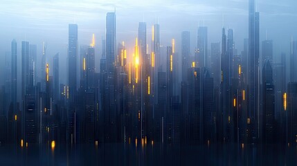 A dense, modern cityscape with numerous skyscrapers illuminated by glowing orange lights, set against a hazy, twilight sky.