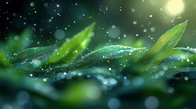 Close-up macro shot of vibrant green leaves covered in sparkling water droplets, with soft bokeh lights and a gentle sunbeam in the background, creating a magic - Powered by Adobe