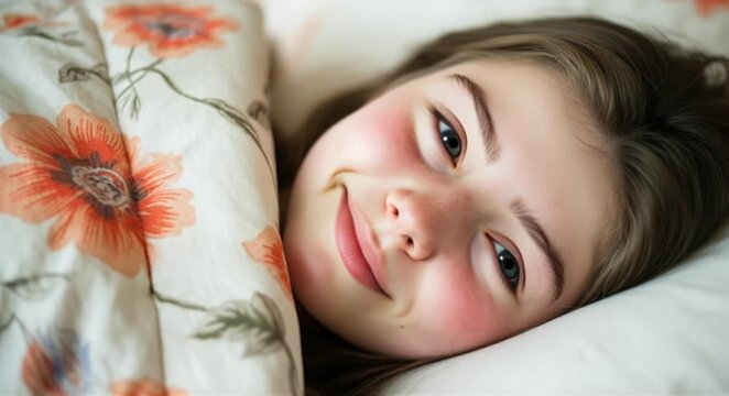 Young girl with rosy cheeks smiles warmly from cozy bed covered by floral duvet