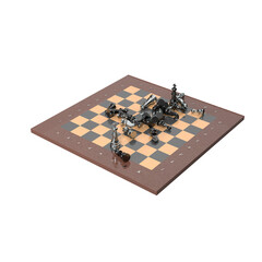 Metallic chess pieces scattered across board in disarray. Chaotic mid-game moment evokes tension, collapse, and dramatic shift in strategic dynamics. High contrast and reflective surfaces enhance impa