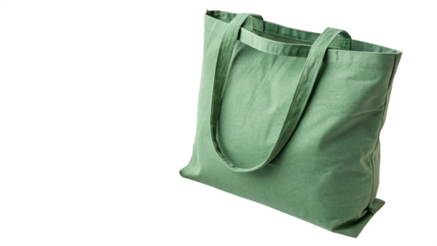 A green canvas tote bag with handles, isolated on a transparent background