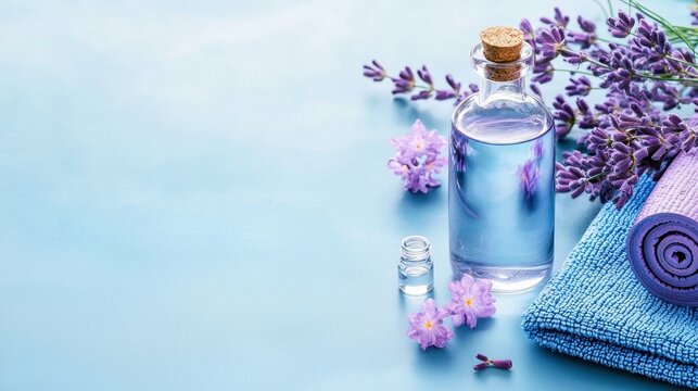 A glass bottle of clear liquid, likely essential oil, stands next to fresh lavender sprigs and folded spa towels on a light blue surface. Soft, diffused light i