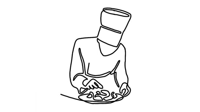Continuous line animation of chef cooking gourmet meal, chef preparing food