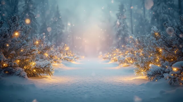 "Luxury Christmas background with a beautiful snowy pathway lined with elegant winter leaves and pine branches, soft falling snow, warm glowing holiday lights, refined premium color palette, smooth gr