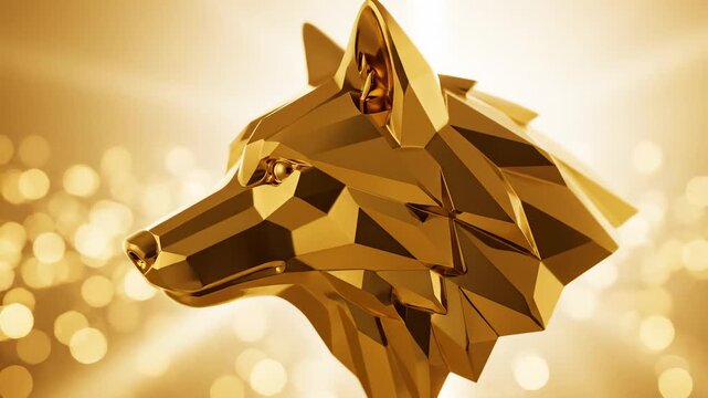 Golden Low Poly Wolf Head Close-Up With Bokeh