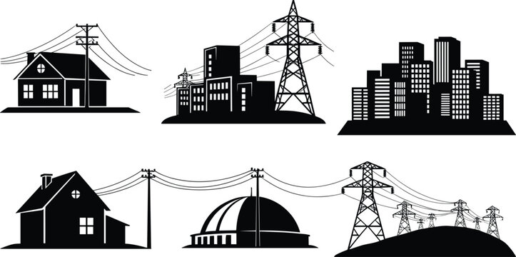 Silhouette utility poles, transmission towers, power plant and residential buildings connected by power lines, vector illustration for stock content in energy distribution systems
