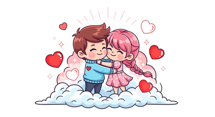 Delightful cartoon couple embracing surrounded by hearts and dreamy clouds celebrating love and affection for Valentine's Day and romantic stories