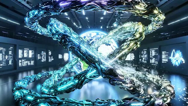 A digitally rendered scene showcasing glowing, intertwined entities and the Earth