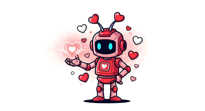 Lovely robot spreading love with heart shaped antenna and pulsating heart hologram ready for Valentine's Day marketing campaigns and tech promotions