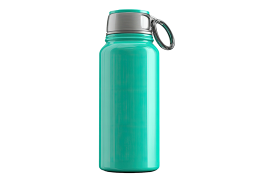 Teal insulated bottle with silver cap, centered on a black background