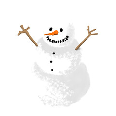 A cheerful cartoon snowman ,bright orange carrot nose, two black dots for eyes,Stick arms branch out from the middle section of its body.