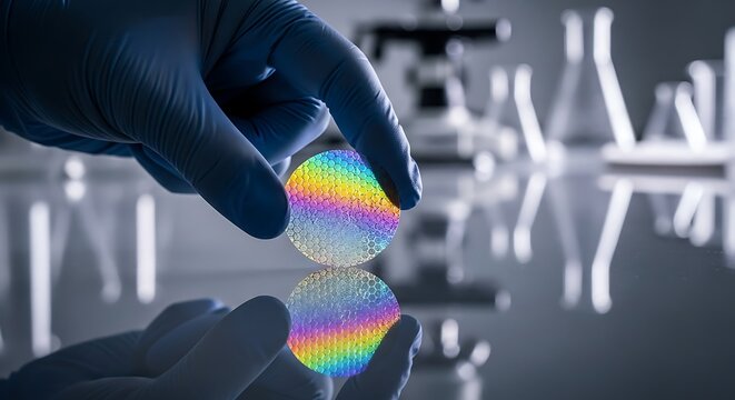 Scientist Holding Wafer with Rainbow Effect in Laboratory Setting.