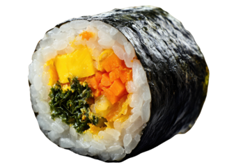 Cut Korean gimbap roll with rice, veggies, and seaweed wrapper close-up