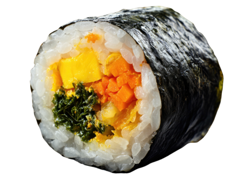 Cut Korean gimbap roll with rice, veggies, and seaweed wrapper close-up