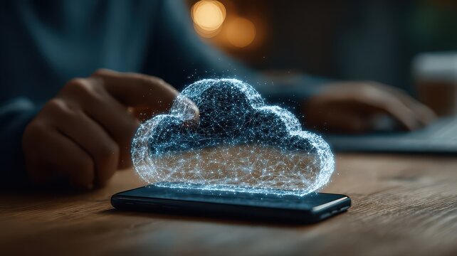 a businessperson using a smartphone with a cloud icon hologram technology concept on an office background, representing the online service of a mobile application in a business data storage setting. - Powered by Adobe