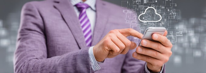 a businessperson using a smartphone with a cloud icon hologram technology concept on an office background, representing the online service of a mobile application in a business data storage setting.