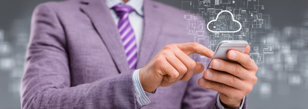 a businessperson using a smartphone with a cloud icon hologram technology concept on an office background, representing the online service of a mobile application in a business data storage setting. - Powered by Adobe