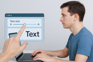 Man uses physical therapy and posture correction techniques with ergonomics principles to improve comfort while working on laptop