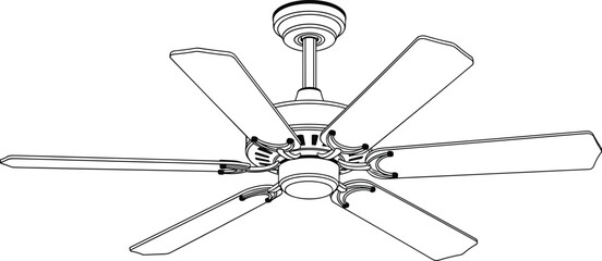 PrintOutline vector illustration of a six-blade ceiling fan, modern home ventilation device, air circulation appliance drawing, detailed line art isolated on white background.