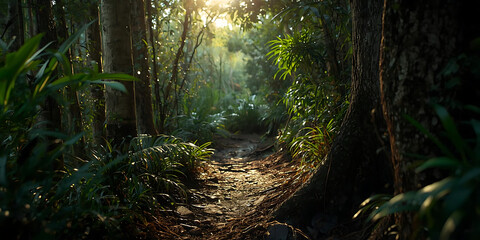 Naklejka premium Sunlit Forest Path with Lush Foliage