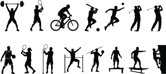 Set of black silhouettes of athletes playing various sports like football, tennis, golf, and basketball, vector illustration collection isolated on white background