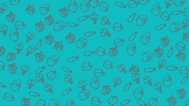 Scattered acorn hat vegetable drawings on turquoise background. Suitable for fallthemed designs, greeting cards, stationery, and naturerelated projects.