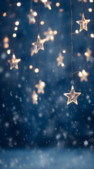 Enchanting winter scene with illuminated star decorations hanging against a backdrop of gently falling snowflakes. Holiday decoration concept