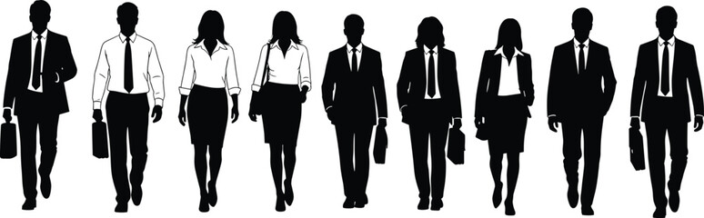 Set of business people silhouettes walking forward, men and women in suits with briefcases vector illustration isolated on white background for corporate design