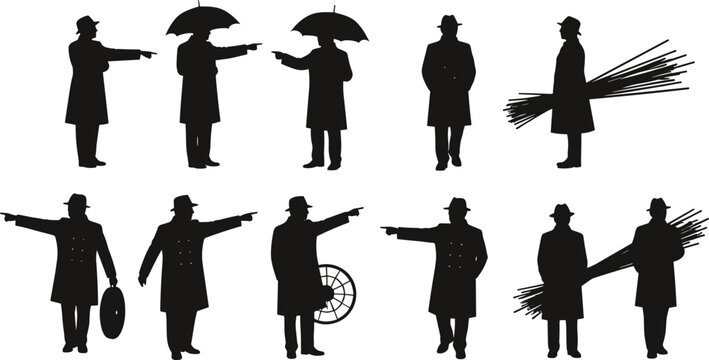 Silhouette men in trench coats with hats holding umbrellas, sticks, and objects, pointing gestures, vector illustration for stock content in mystery and fashion themes