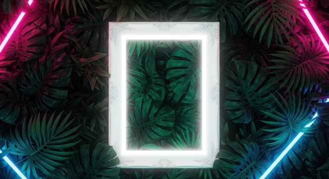 Neon frame on tropical leaf background with geometric neon lights