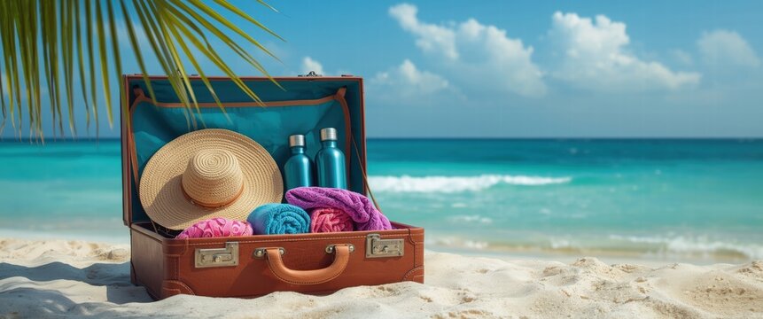 Escape to paradise with a suitcase full of beach essentials. Imagine sun-kissed days and tranquil turquoise waters, perfect for summer vacation planning.